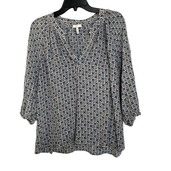 Joie Top Addie Geo Diamond Deep V Blouse 100% Silk Sz L Elastic Cuffs Pullover - Picture 1 of 8